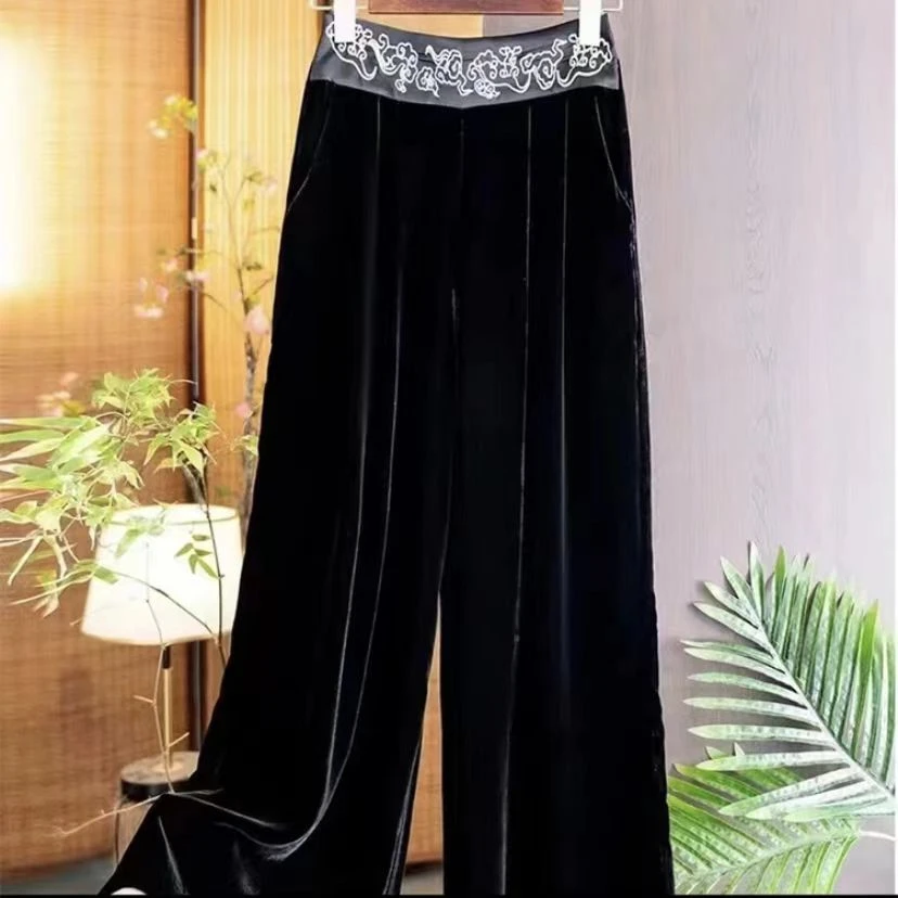 H002秋冬新款金丝绒阔腿裤女重工刺绣显瘦直筒长裤