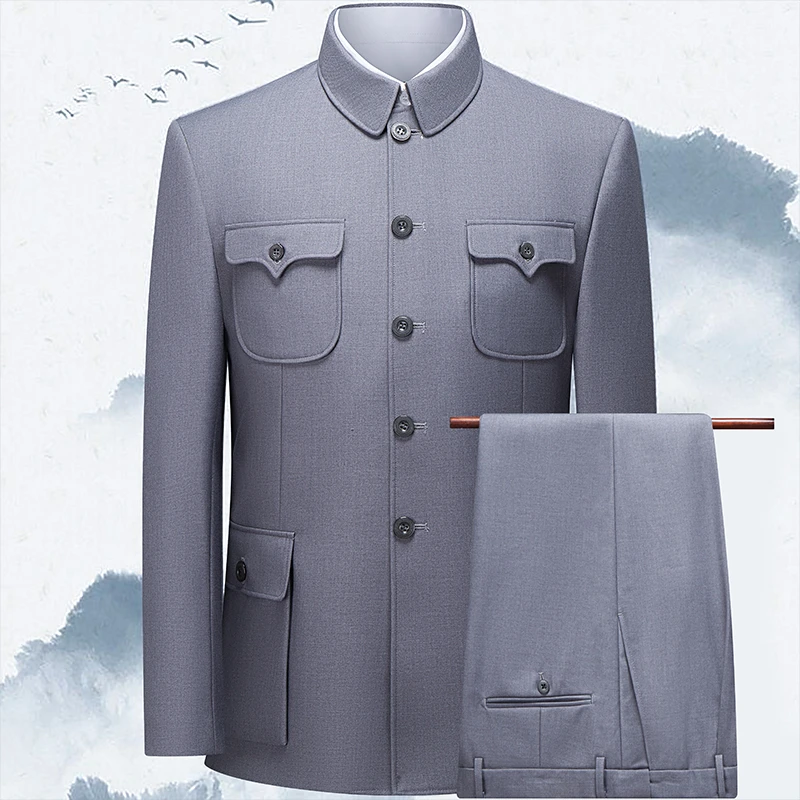 中山装男款套装中老年爸爸装春秋冬装外套中山服男装老年人爷爷装
