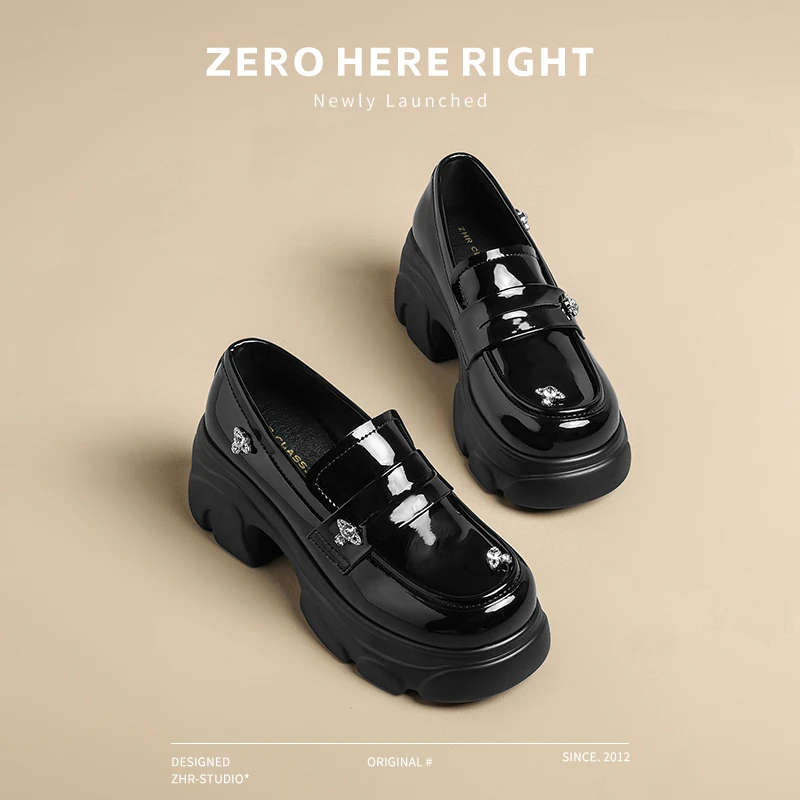 ZHR/则则厚底乐福鞋女新款舒适软底增高小皮鞋英伦风水钻高跟单鞋