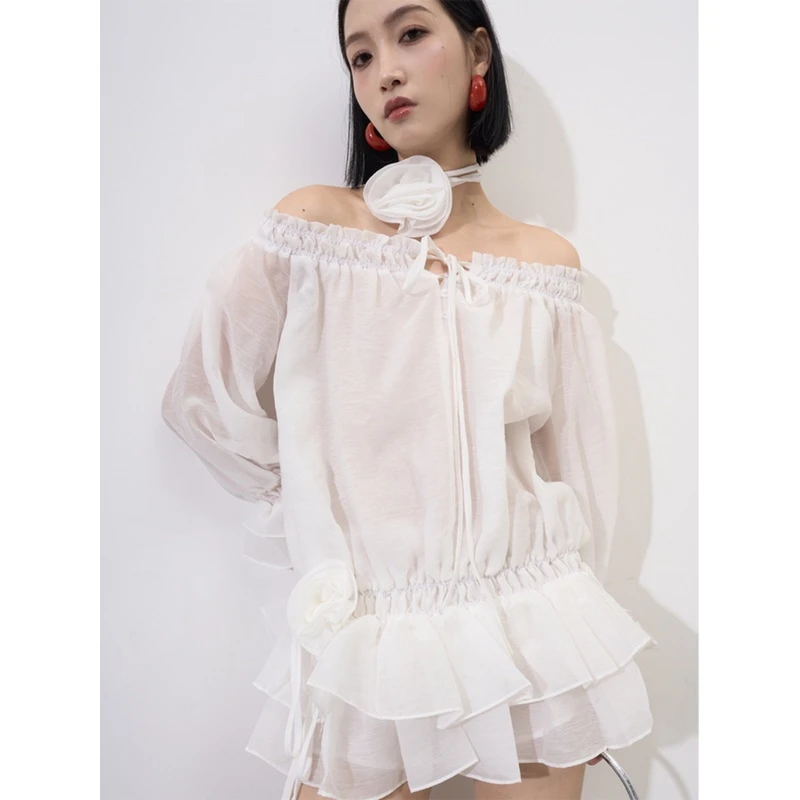 LANVIVIER 花朵CHOCKER弹力花边一字领露肩荷叶蓬蓬上衣短裤套装