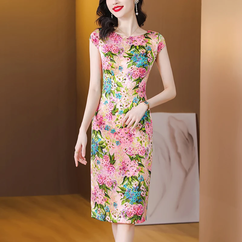 印花改良旗袍裙夏季新款时尚复古盖袖显瘦修身中长款连衣裙气质