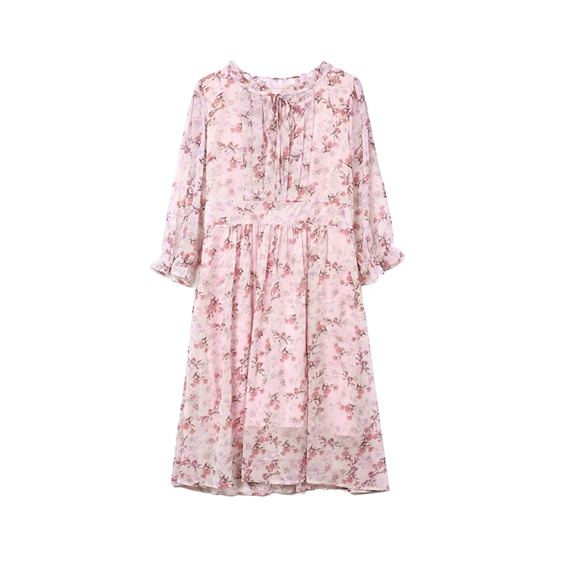 ybb5012法式碎花雪纺连衣裙夏新款时尚木耳领系带甜美减龄淑女裙