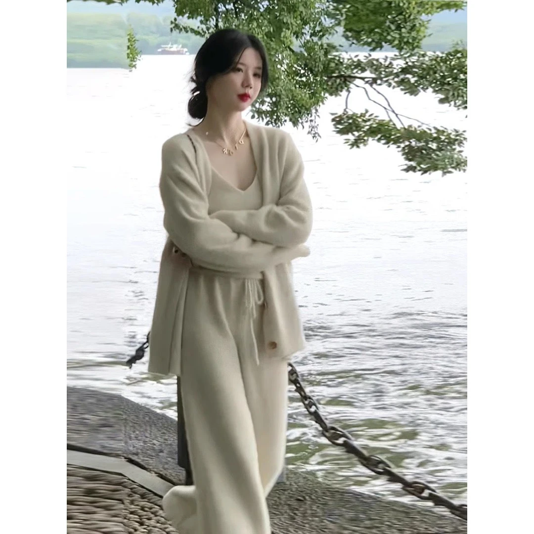 韩版时尚针织套装女春秋新款吊带背心+高腰松紧阔腿裤三件套