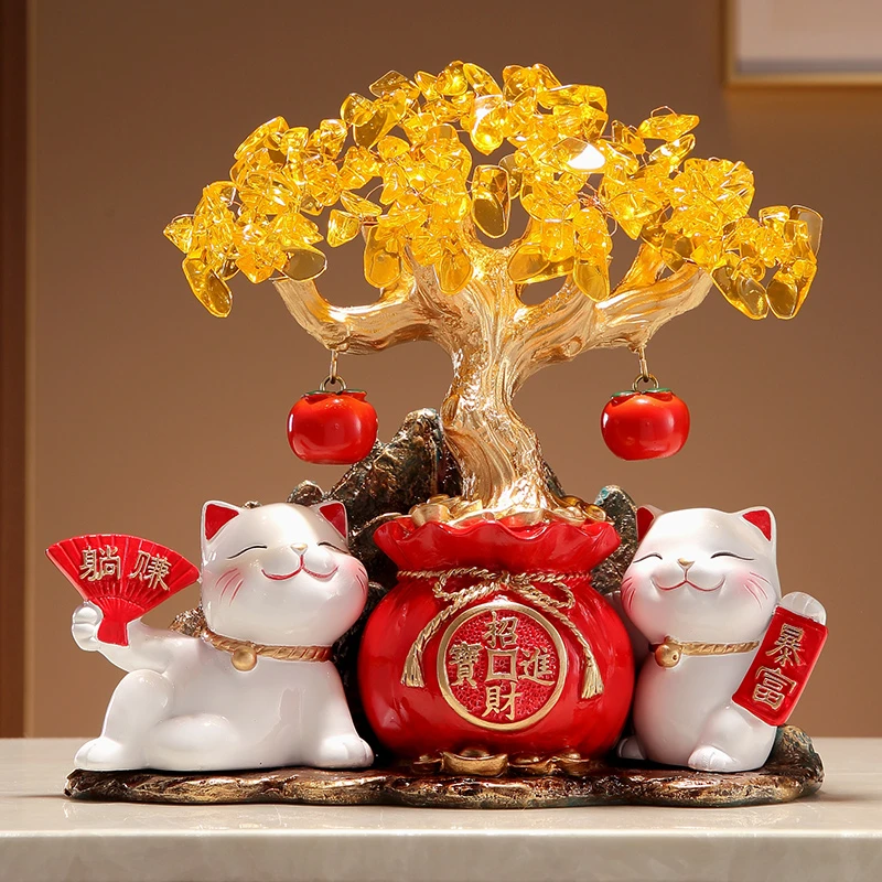 招财猫摆件开业礼物店铺收银台发财树客厅电视柜高档乔迁新居礼品