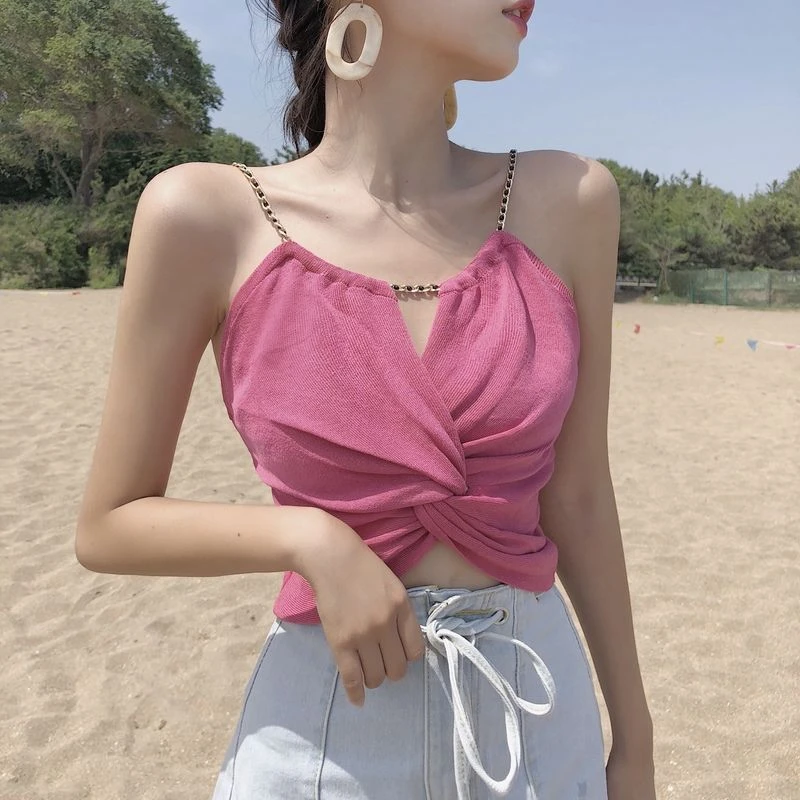背心小吊带夏女外穿性感高腰短款露脐上衣百搭金属链条抹胸打底衫