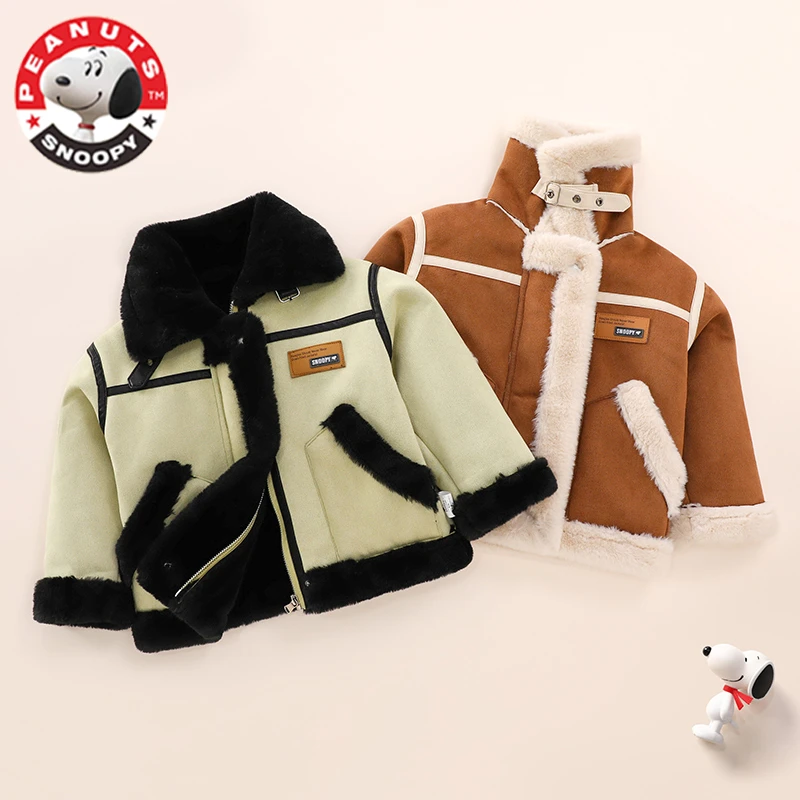 史努比男女童2024秋冬新款外套加绒加厚翻领休闲儿童保暖宝宝棉衣