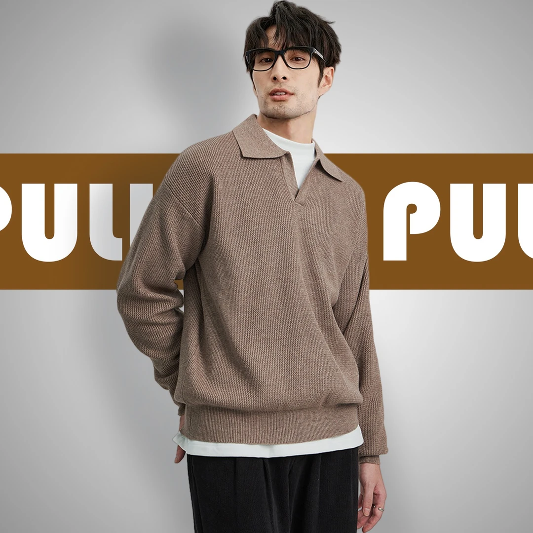 海鸥领毛衣男秋季抗起球V领长袖上衣宽松POLO领男士翻领