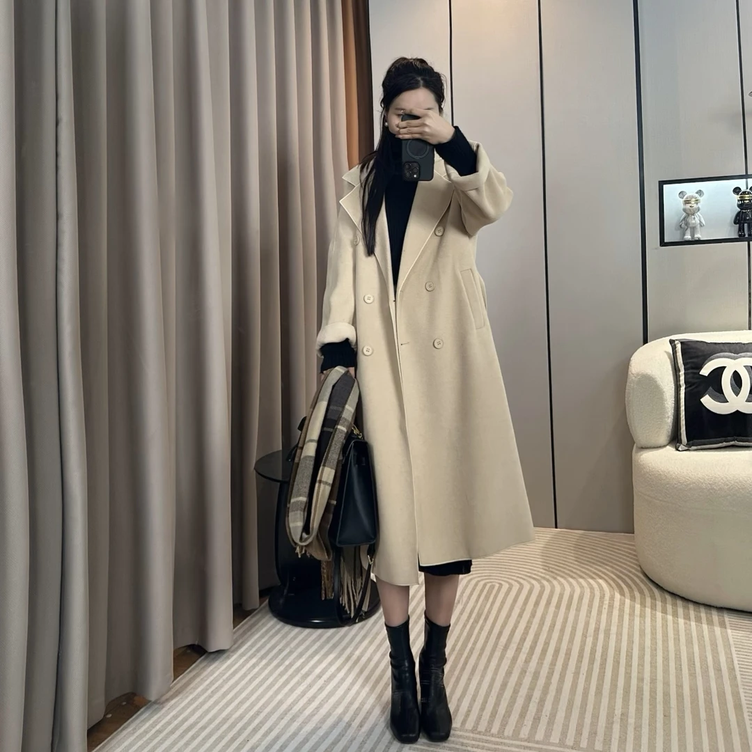 双面绒长款大衣气质毛呢冬时尚宽松双排扣带腰带长款双面尼大衣