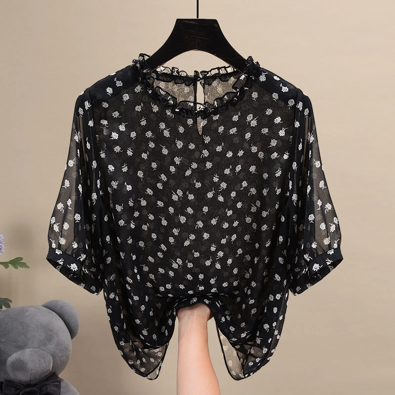 2025年新款碎花短袖t恤女夏季大码减龄遮肚小衫薄款法式雪纺上衣