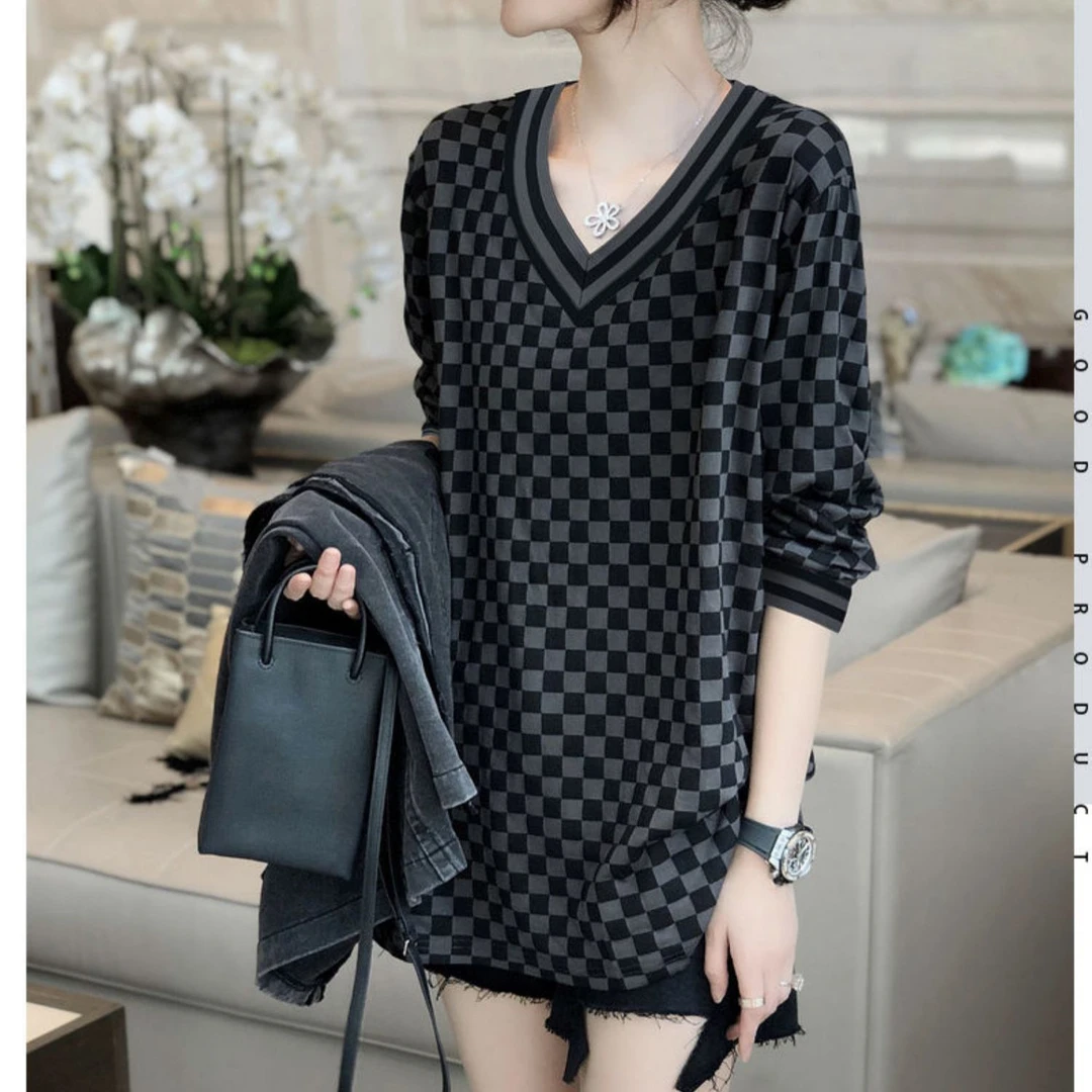 欧洲站2024春秋新款宽松洋气百搭通勤韩版时尚黑色长袖V领格子T恤
