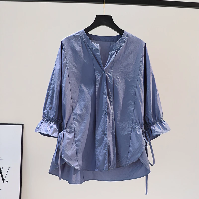 2025新款衬衣设计感小众遮肚子衬衫女夏胖妹妹七分袖别致休闲上衣