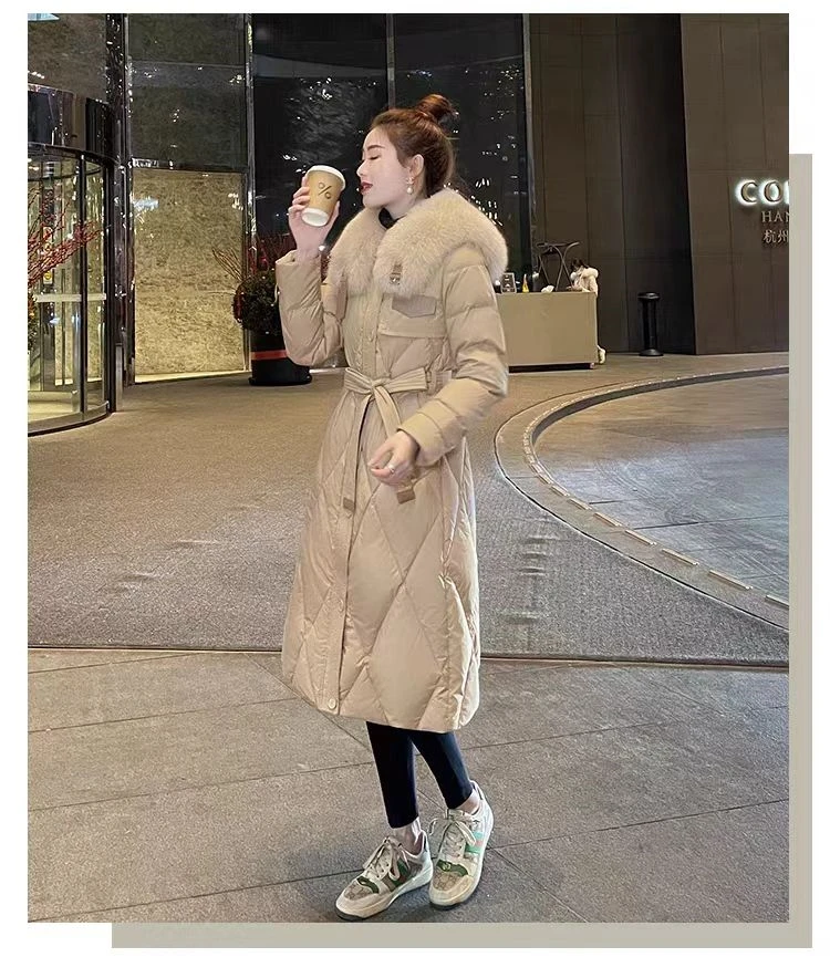 羽绒女2024年新款韩版宽松长款大毛领过膝大衣面包服90绒厚外套