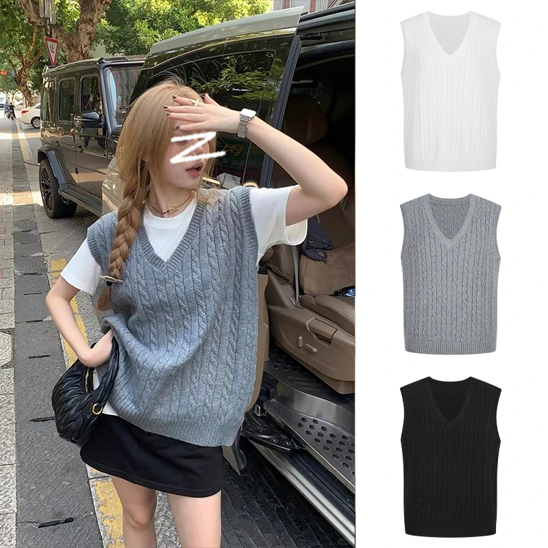 Moses Queen/魔西女王叠穿针织马甲上衣女坎肩V领麻花毛衣背心秋