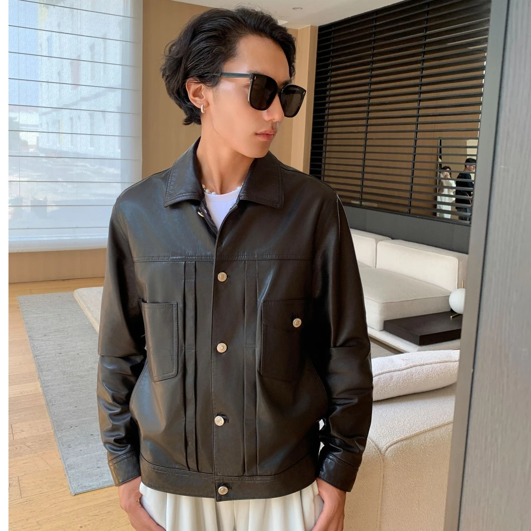 清仓春秋季新款海宁真皮皮衣男翻领工装山羊皮夹克外套男装