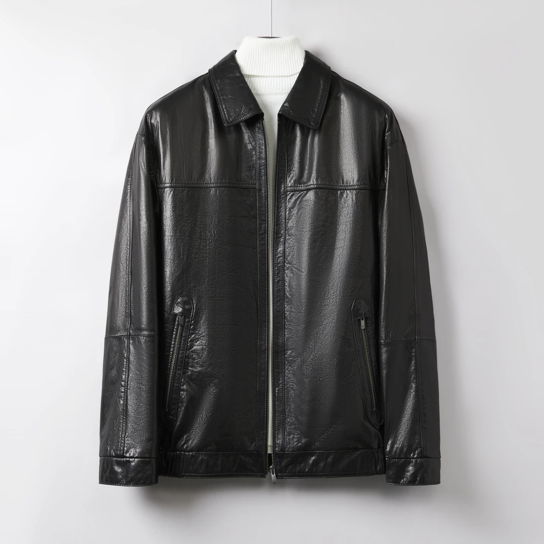 新款牛皮男士真皮夹克皮衣休闲时尚翻领百搭秋冬款黑色商务简约