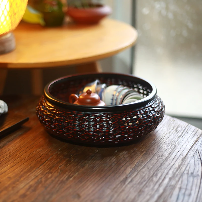 24*8厘米蓝胎竹编果盘点心篮子 九蓝手工竹制圆形果盘