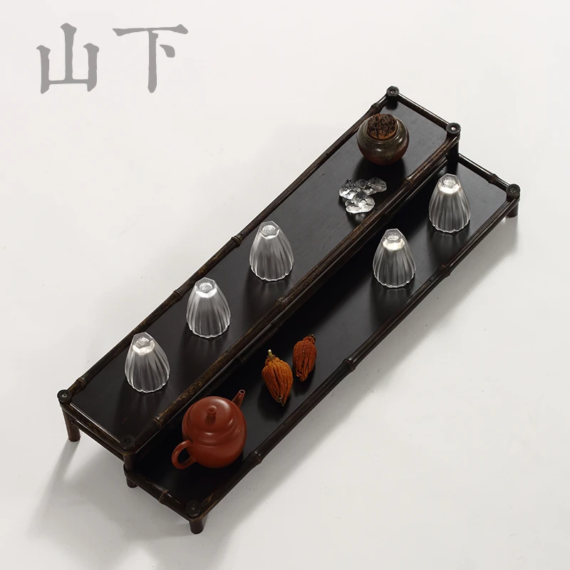 杺梧紫竹双层杯架 手工双层茶具收纳架