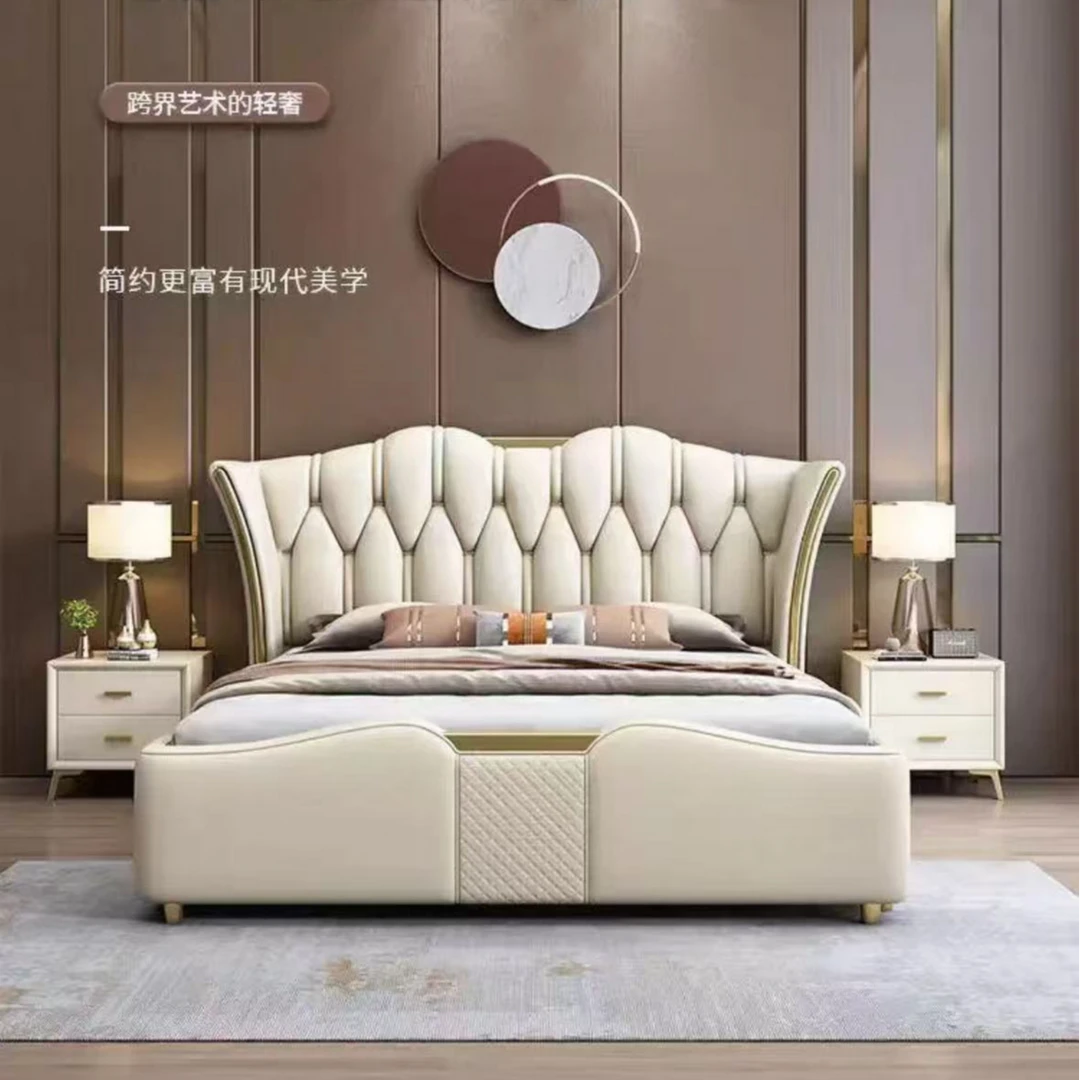 【妙富家具】601欧式轻奢真皮双人床头层牛皮主卧床意式筒约1.8储物