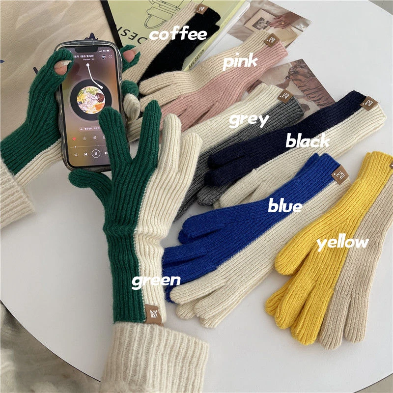 可爱秋冬双色针织毛线手套女露二指韩版冬天骑车保暖防寒分指情侣