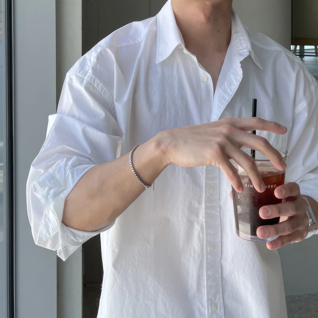 白色纯棉长袖衬衫男士夏季薄款韩系潮流百搭休闲宽松男款简约衬衣