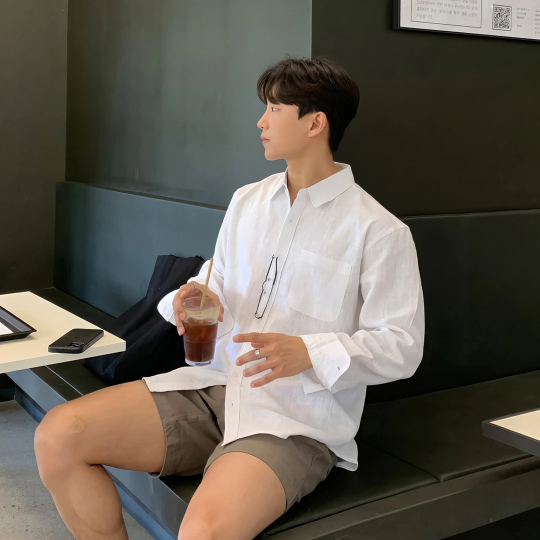 白色亚麻长袖衬衫男士早春新款休闲百搭韩系潮流简约宽松男款衬衣