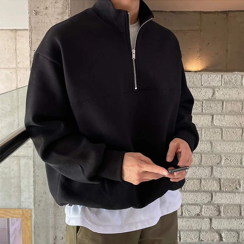 黑色立领半拉链卫衣男士潮流炸街高级感重磅新款美式男款外套上衣