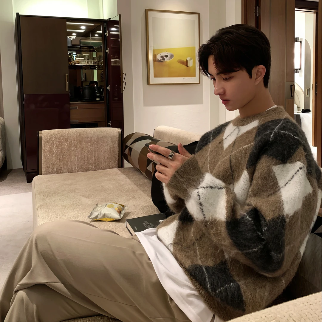 圆领套头毛衣男款秋冬季加绒加厚慵懒风高级感潮牌外穿针织衫上衣