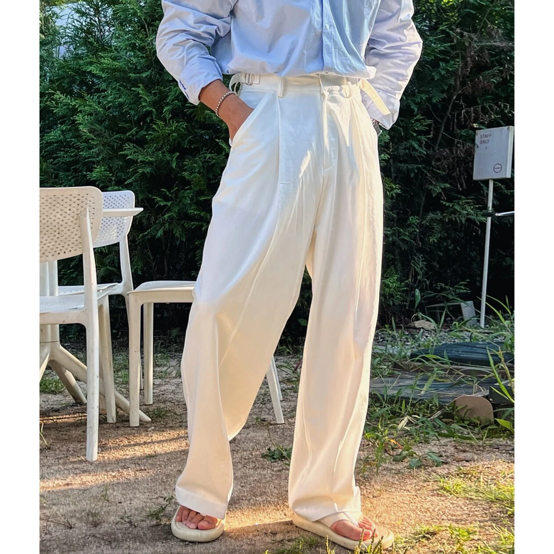 白色细带腰扣设计休闲裤男士春秋爆款韩版潮牌高级感直筒阔腿裤子