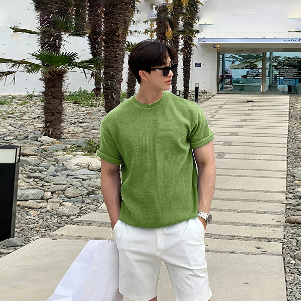 绿色圆领针织短袖T恤男士夏季潮流简约轻熟风休闲高级感男款上衣