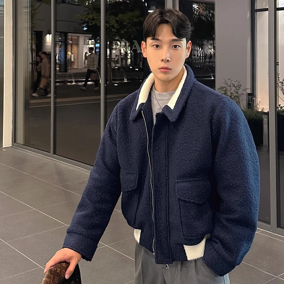 纯色翻领加厚棉服夹克男士冬季潮流韩系休闲百搭男款毛呢保暖外套