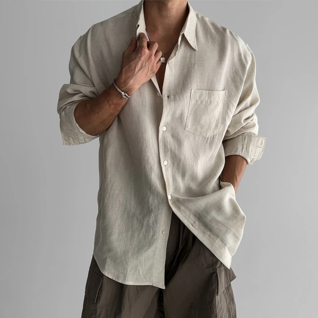 卡其色日系长袖衬衫男士春夏痞帅高级感轻熟宽松薄款透气男款衬衣