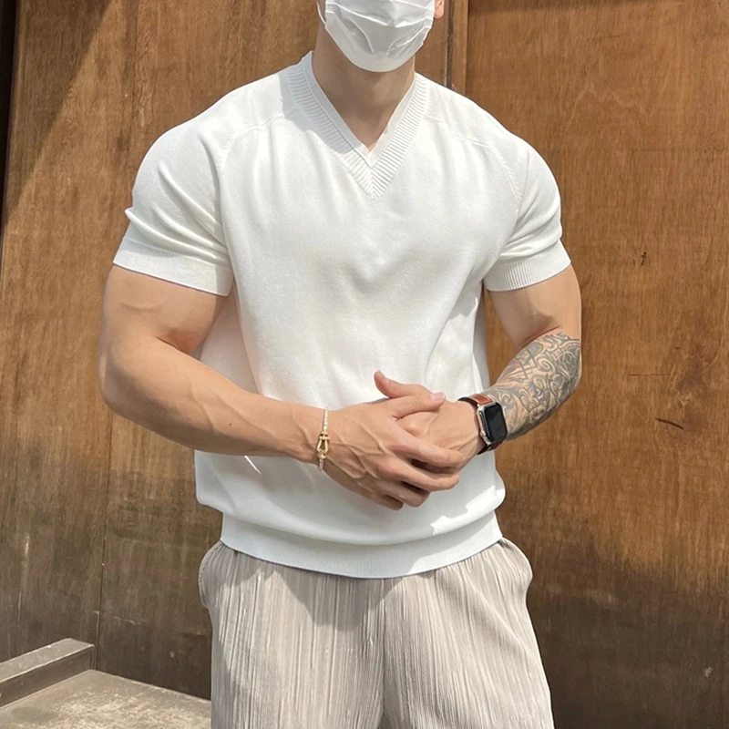 夏季针织短袖T恤薄款男士美式重磅白色体恤爆款2025新款网红男装