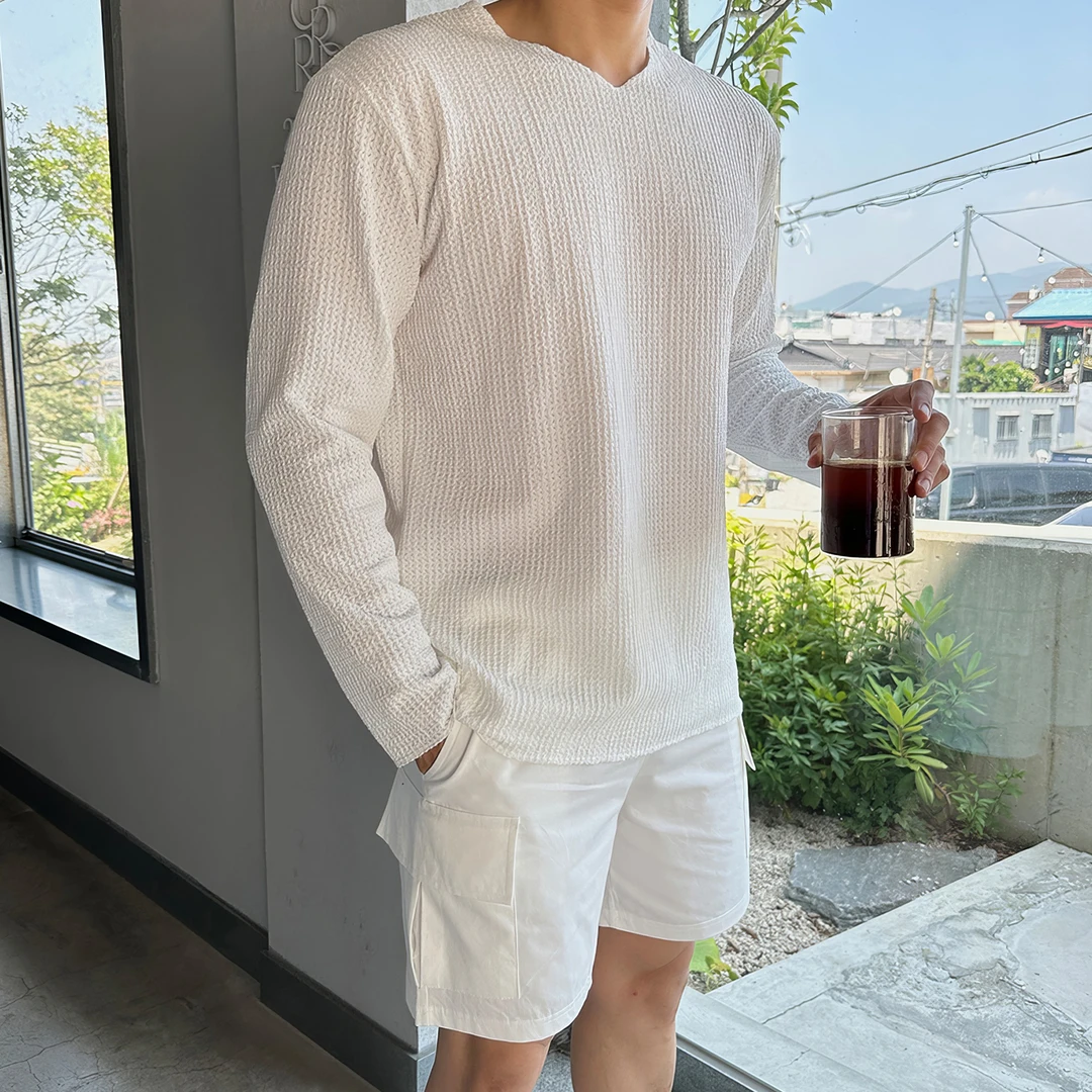 白色小V领针织长袖t恤男士夏季薄款韩系纹理感小众设计感休闲体恤