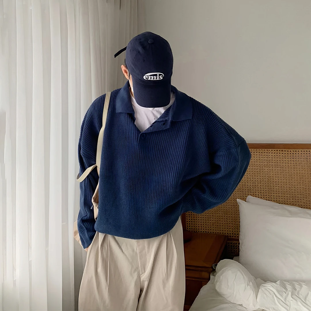 黑色polo领针织套头毛衣外套秋冬季慵懒风潮牌高级感男士休闲上衣