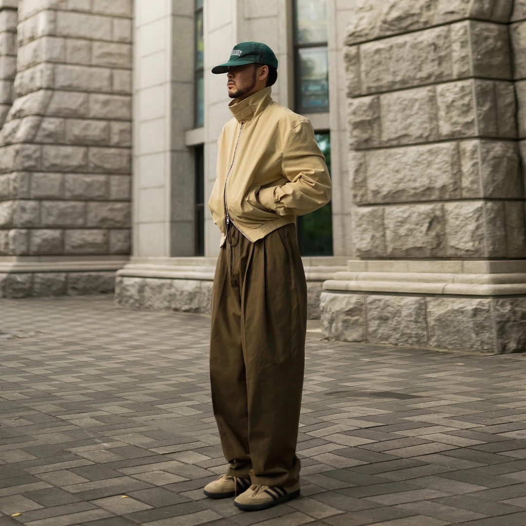 棕色休闲直筒裤男秋季新款日系复古原宿风松紧系带百搭宽松阔腿裤