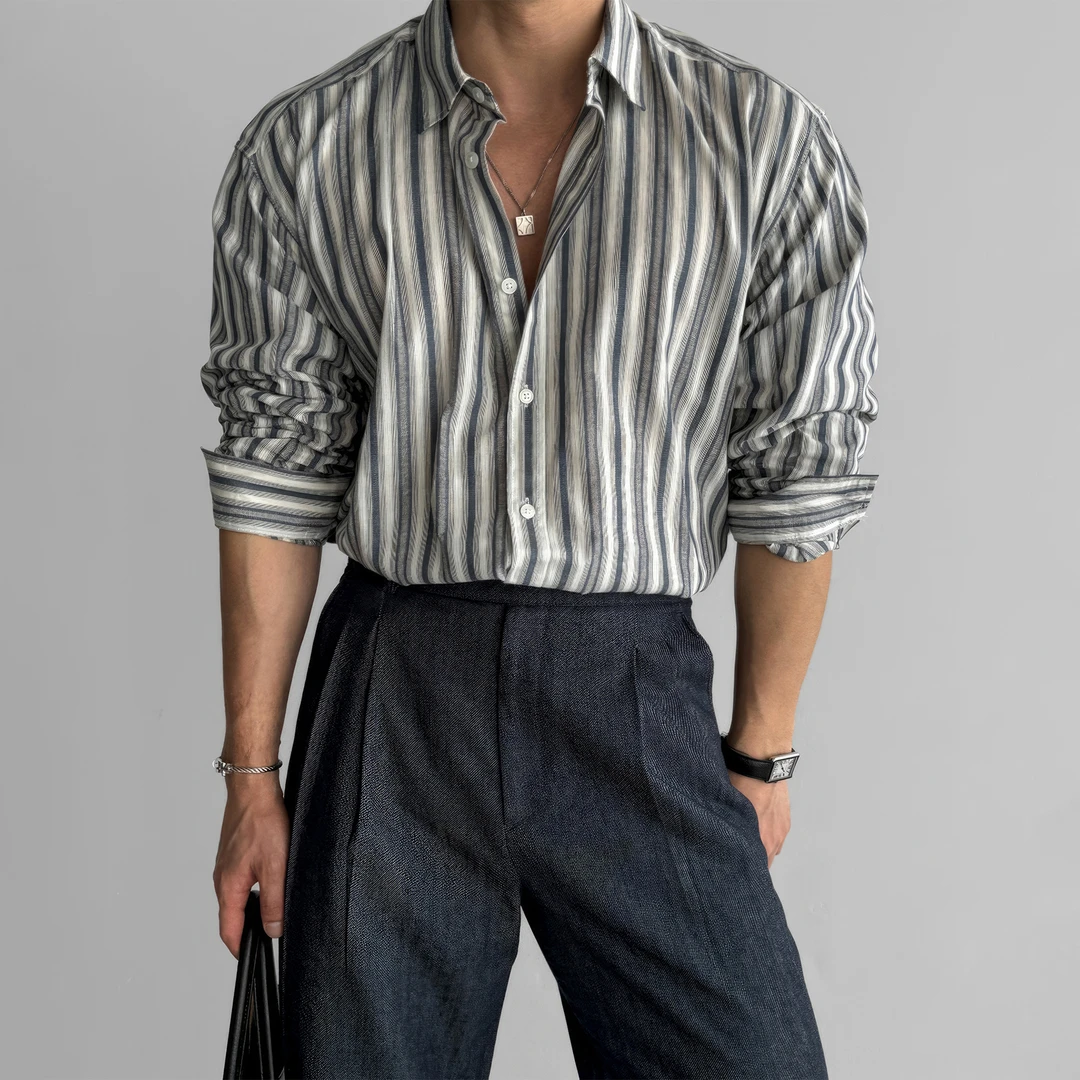 条纹长袖衬衫男士秋季新款高级感港风年代感复古小众宽松衬衣外套