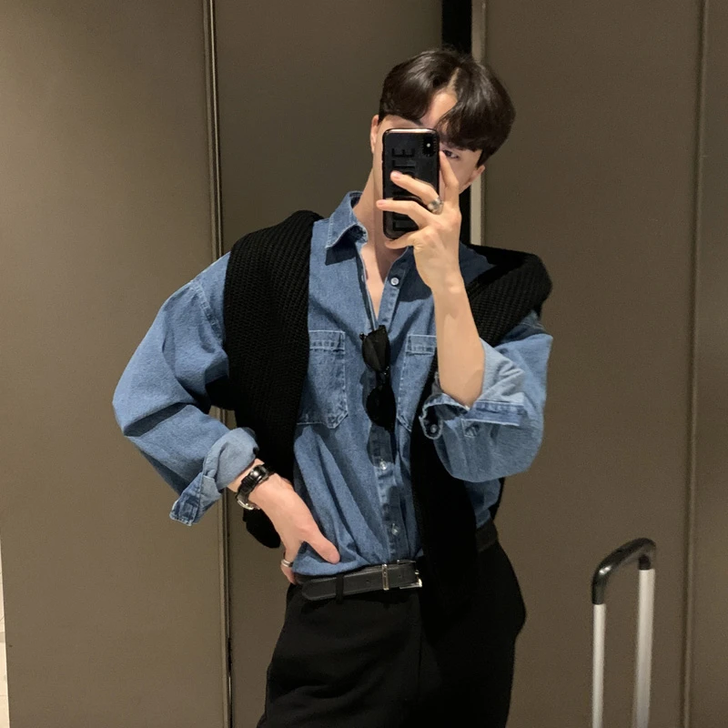 蓝色长袖牛仔衬衫高档男款百搭复古春秋款薄款轻奢高端衬衣男外套