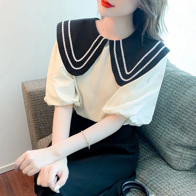 娃娃领上衣时尚甜美撞色衬衣女2025夏季新款气质泡泡短袖宽松衬衫