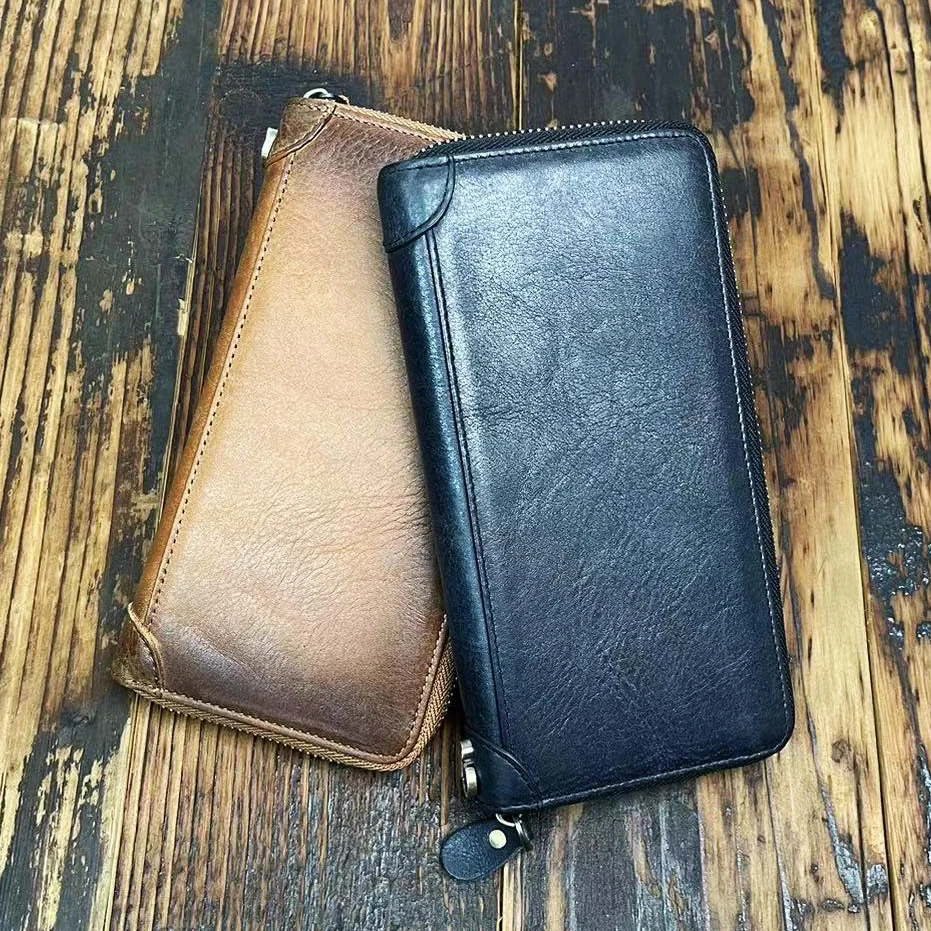 头层牛皮男士真皮手包长款皮钱包纯手工时尚休闲多功能拉链手拿包