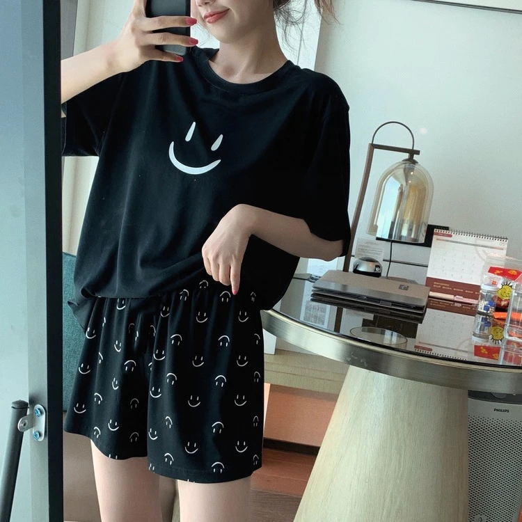 遛弯裤笑脸睡裤女夏季防蚊裤高级感印花长裤宽松居家外穿休闲短裤
