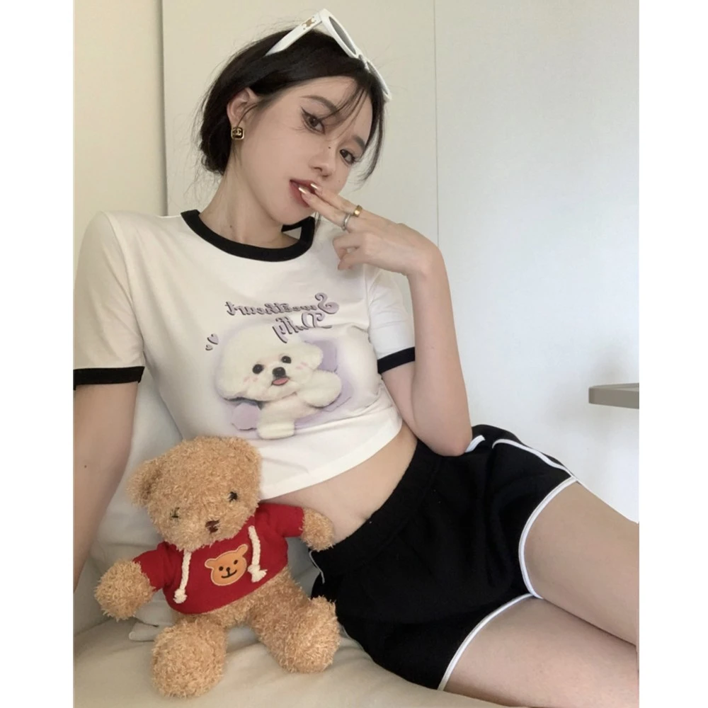 运动风套装女夏季短款紧身T恤短袖上衣搭配休闲短裤两件套晨跑服