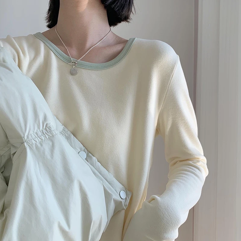 奶油拼色磨毛德绒上衣女秋冬季加厚保暖圆领百搭长袖内搭打底衫潮