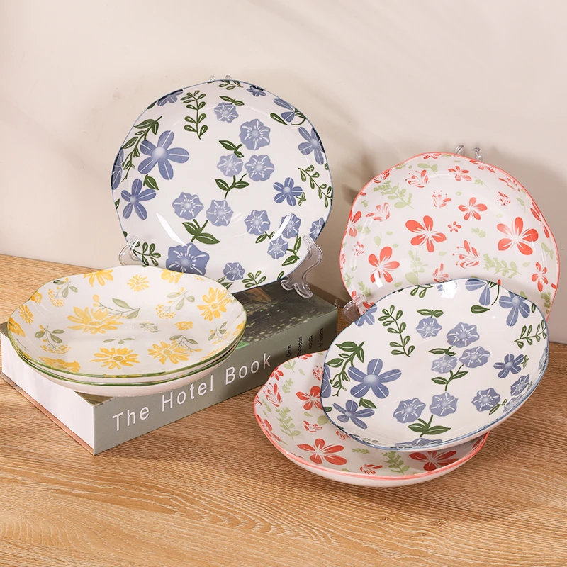 花开朵朵-花瓣盘8英寸家用陶瓷釉下彩餐盘深盘菜盘（6只装）