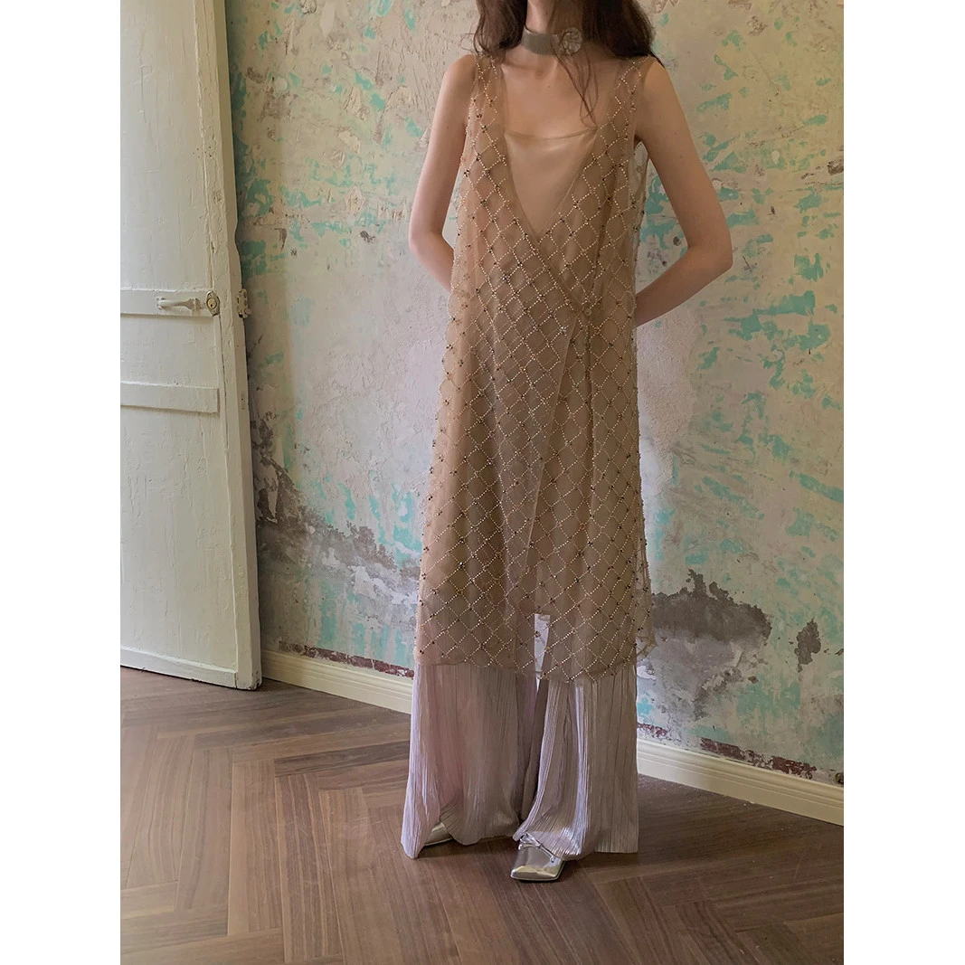 CARIEDO卢浮梦境 菱形钉珠无袖背心裙两件套