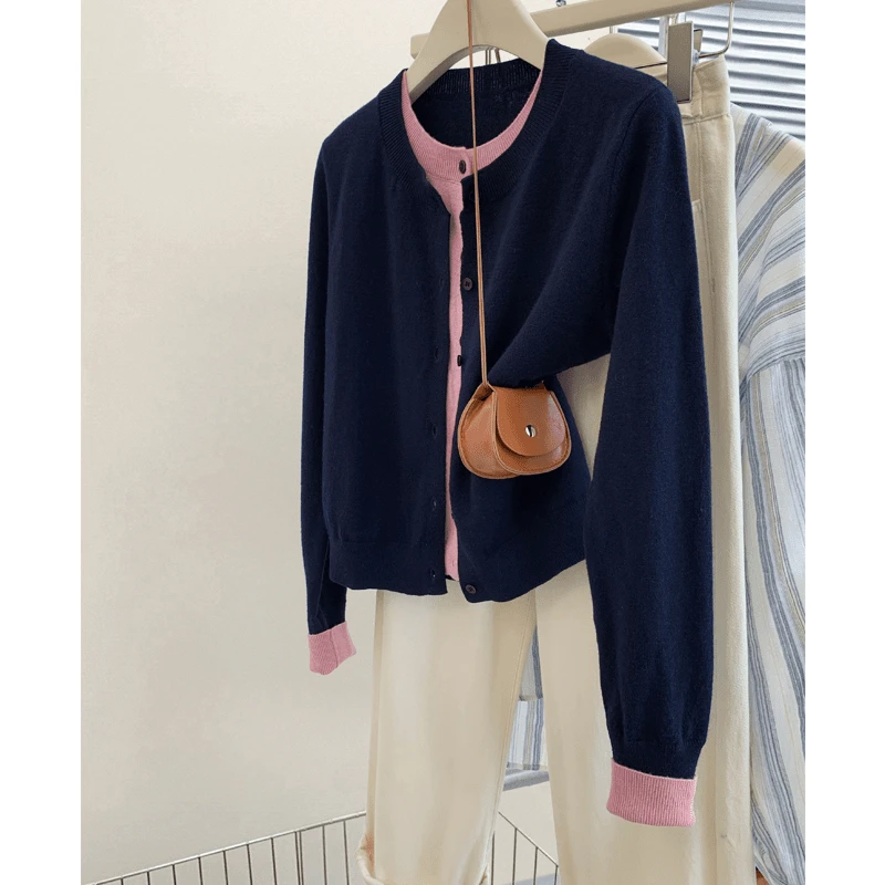 藏青色假两件正肩针织开衫女春秋毛衣针织衫上衣外套2025早秋新款