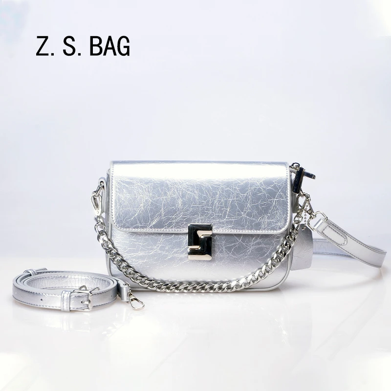 新款经典时尚油蜡皮多隔层单肩斜挎腋下休闲链条小方包女包百搭