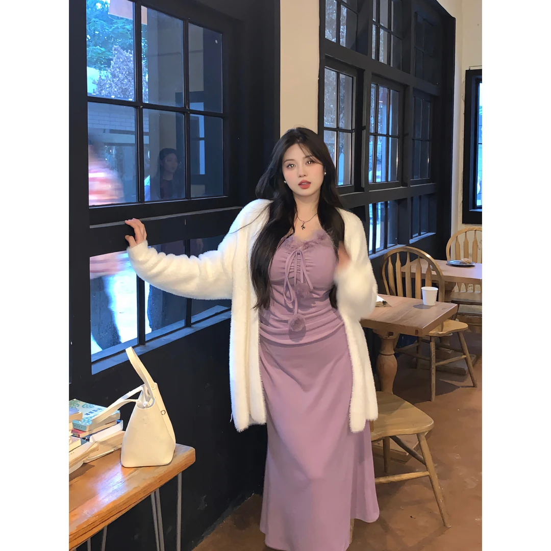 【椰子伊1】紫色针织复古显瘦长袖毛球法式连衣裙SL23320