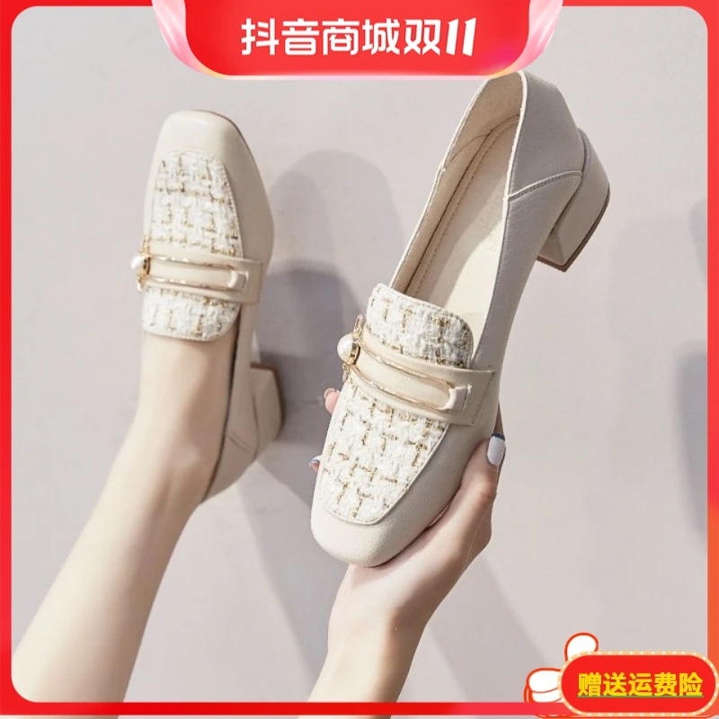 步步高升真软皮单鞋一脚蹬2023新款百搭粗跟两穿皮鞋中跟乐福鞋女