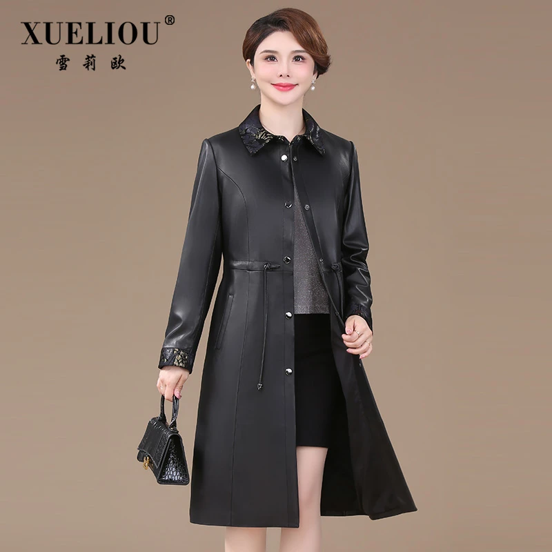 雪莉欧收腰时尚气质修身皮衣女2025新款秋中年妈妈风衣外套中长款