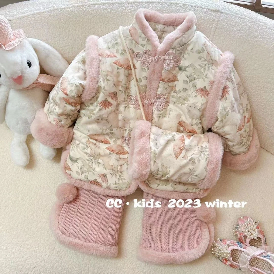 2023新款冬装旗袍新款女童套装加绒加厚宝宝唐装中国儿童汉服拜年